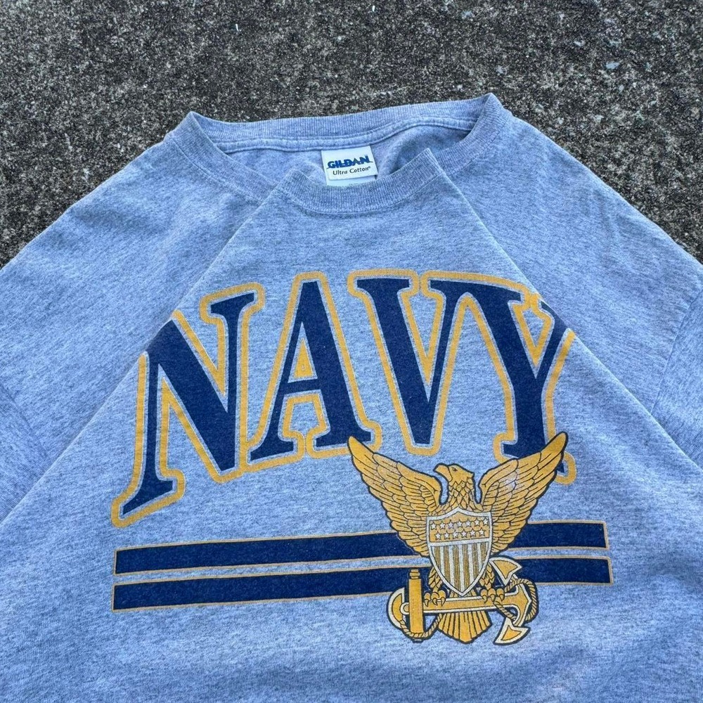 Vintage Y2K Gildan US Navy Eagle Graphic Tee Military Americana Grey Large g3b